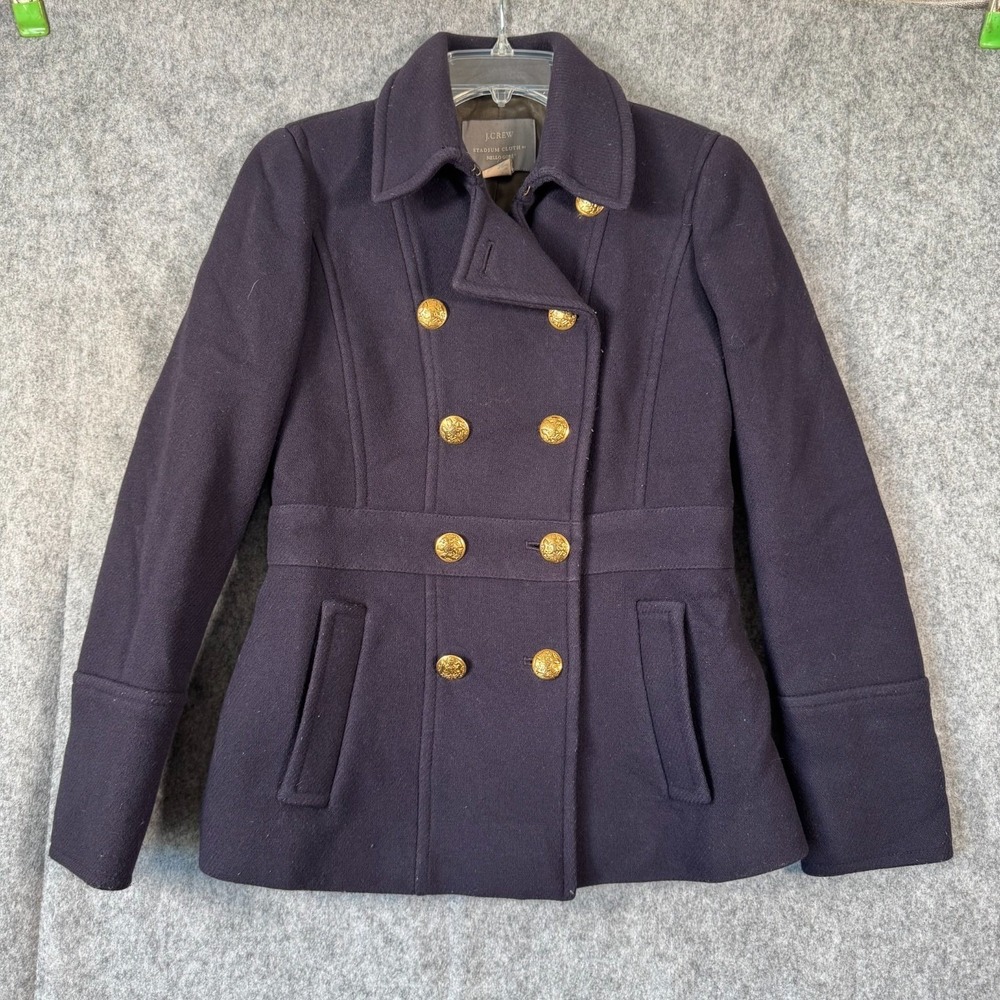 J Crew Stadium Cloth Nello Gori Wool Pea Coat Womens 2 Navy Nautical Gold Preppy